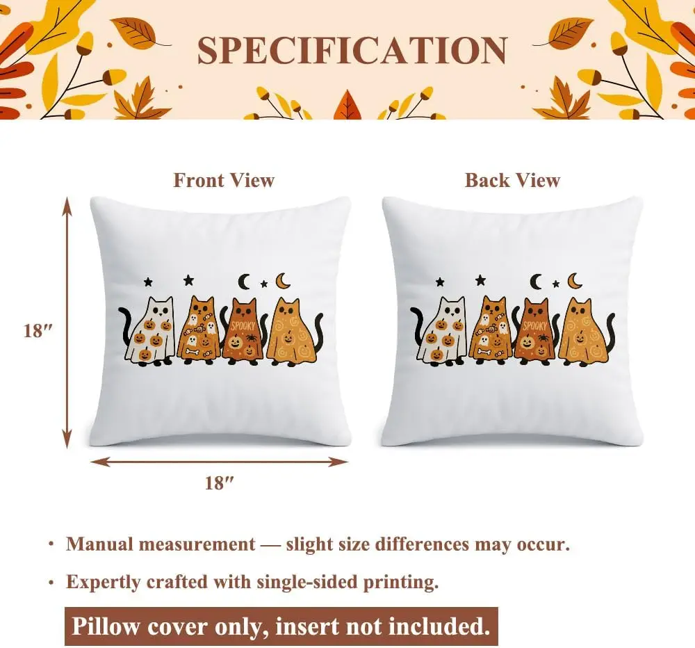 Cute Halloween Cat Throw Pillow Cover Gift for Women Cat Lover, Spooky Halloween Cats Pumpkin Moon Indoor Decorative Pillow Case