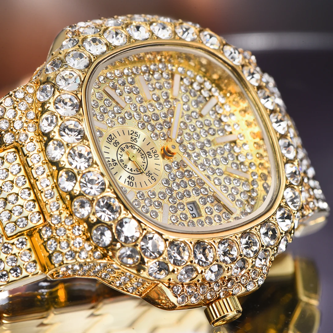 MISSFOX Iced Out Watch For Men Luxury Fashion Gold Quartz Watches Hip Hop High Quality Waterproof Male Daimond Clock New Gift