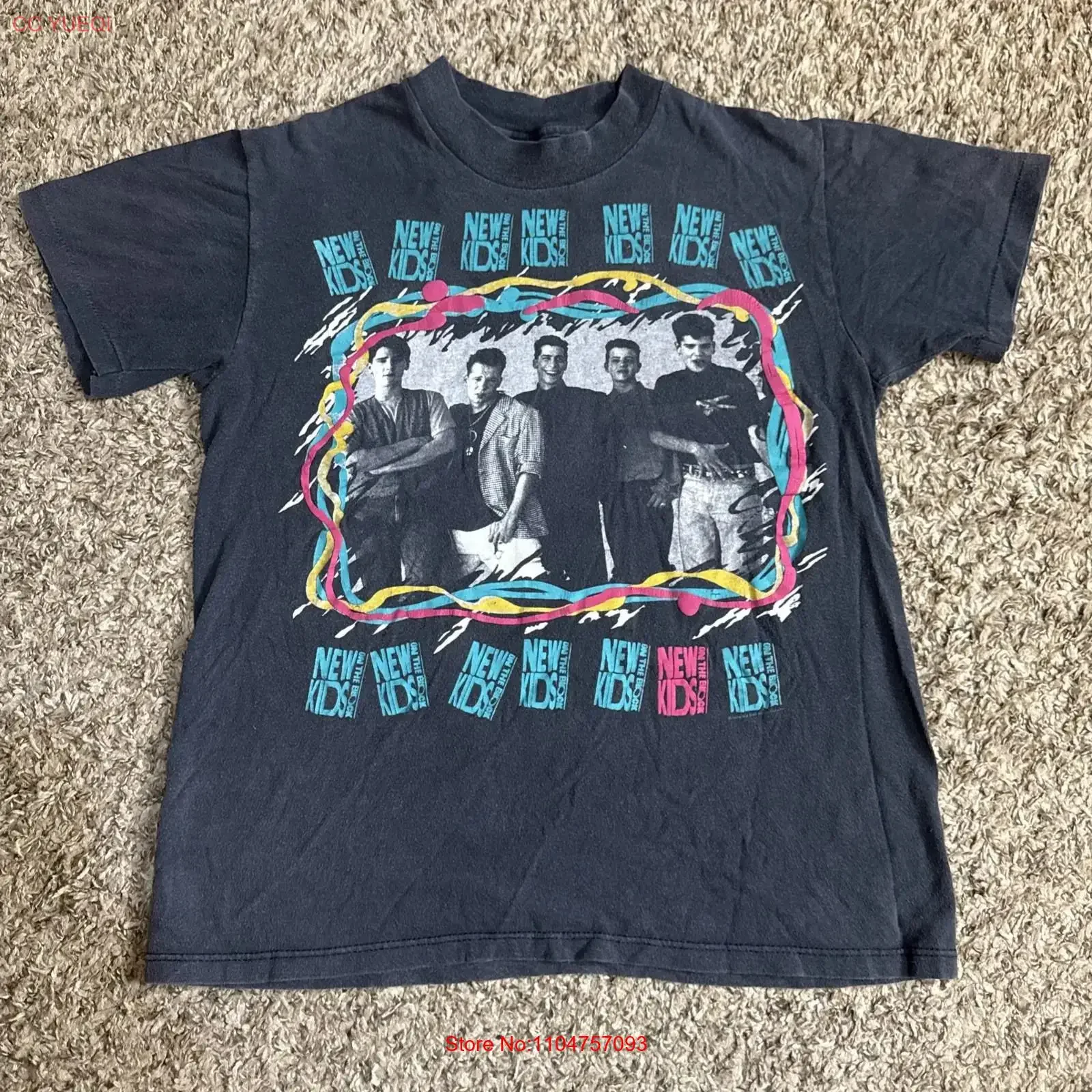 Camiseta Vintage de los 80s NKOB New Kids Ok The Block, Azul Deslavado, Talla Mediana, Doble Cara, Lavada, Elástica, Diseño Vintage, Suave