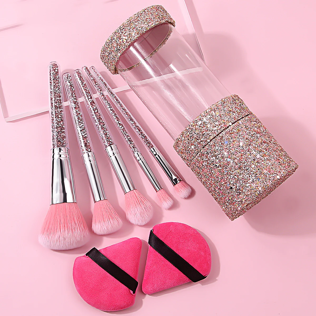 8PCSの絶妙なメイクブラシセット - ダイヤモンドハンドルのメイクブラシセット + ソフト扇形パウダーパフ + ポータブル収納バケツ