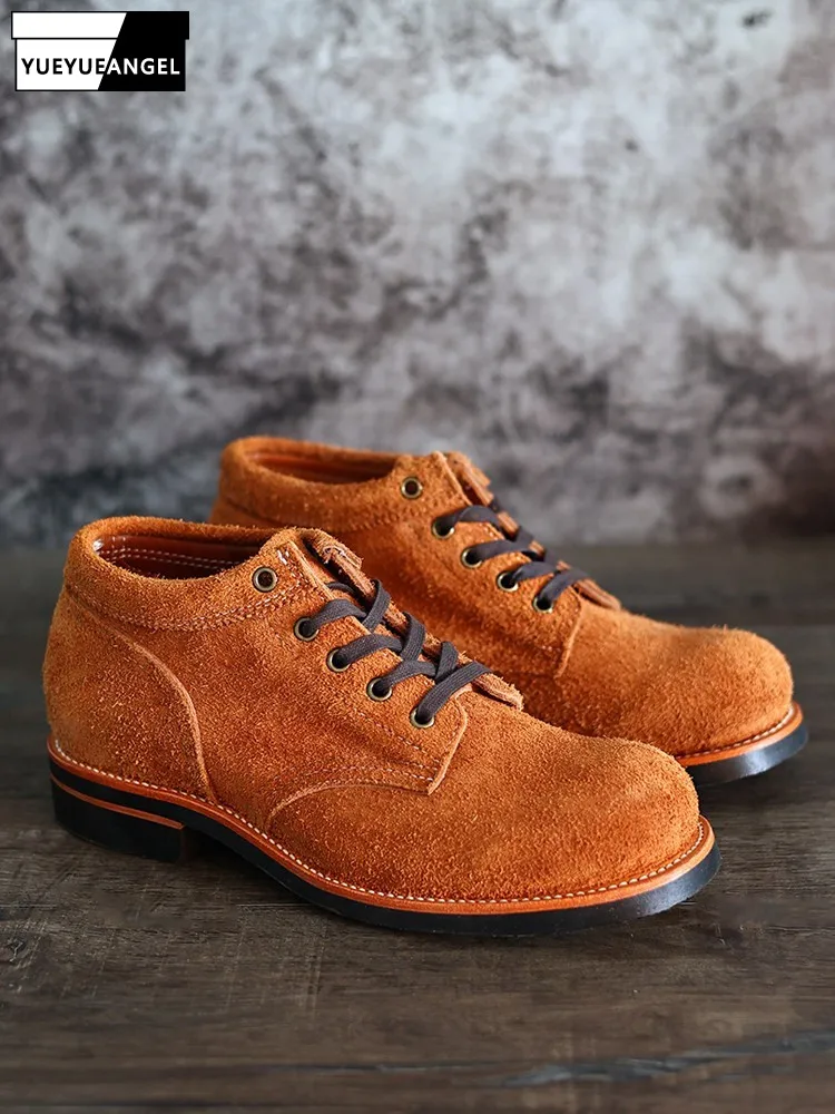 Japanese Vintage Mens Cow Suede Cargo High Top Shoes Lace Up Round Toe Handmade Men Casual Outside Genuine Leather Short Boots