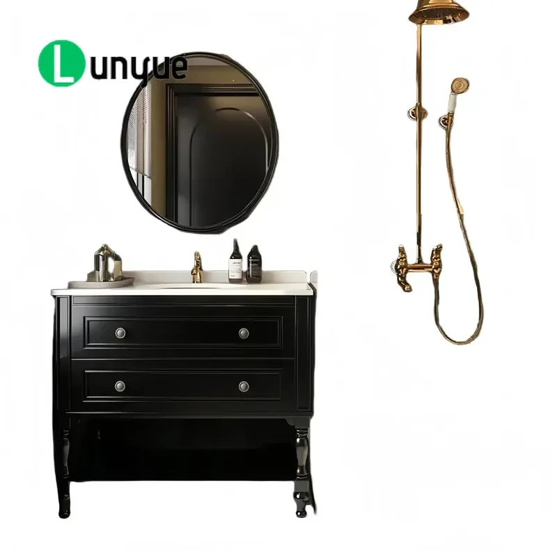 Floor Standing French Retro Black Rock Stone Effect Cabinet Sink Modern Bathroom Vanity Customized Furniture for Home Decor