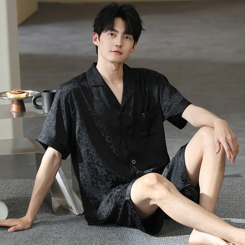 Satin pajama men's 2025 new summer thin Sleepwear plus size L-3XL Cardigan Short-sleeved shorts suit loungewear pyjama homme été