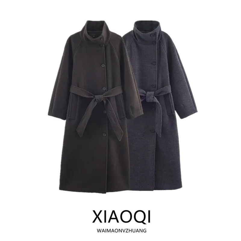 

Новое зимнее поступление, женское универсальное пальто с мягким воротником-стойкой и поясом, осень 2022, модная женская шерстяная верхняя одежда 30369