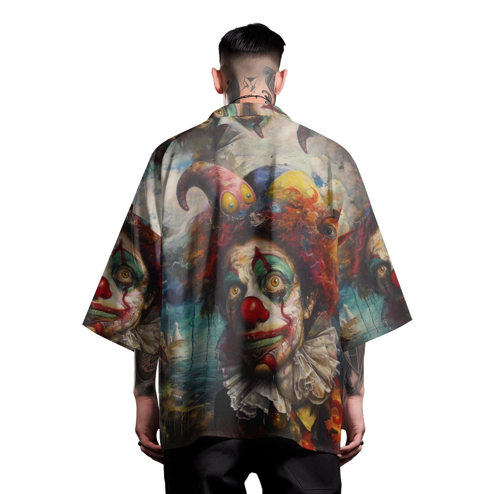 

Classic Vintage Niche Design Horror Style Halloween Clown Watercolor Printed Toga Men's Fashion Casual Kimono Men's Tops