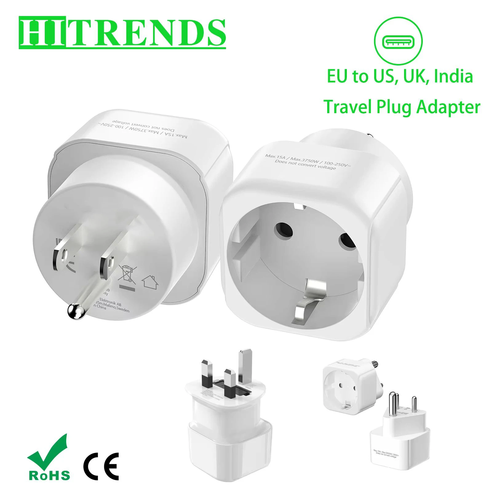 Adapter podróżny z Europy na USA, Wielką Brytanię, Indie, Szwajcarię, Australia, Włochy, adapter podróżny z Europy na USA i Kanada, adapter do gniazda ściennej z 2 pinami z Europy, konwerter.