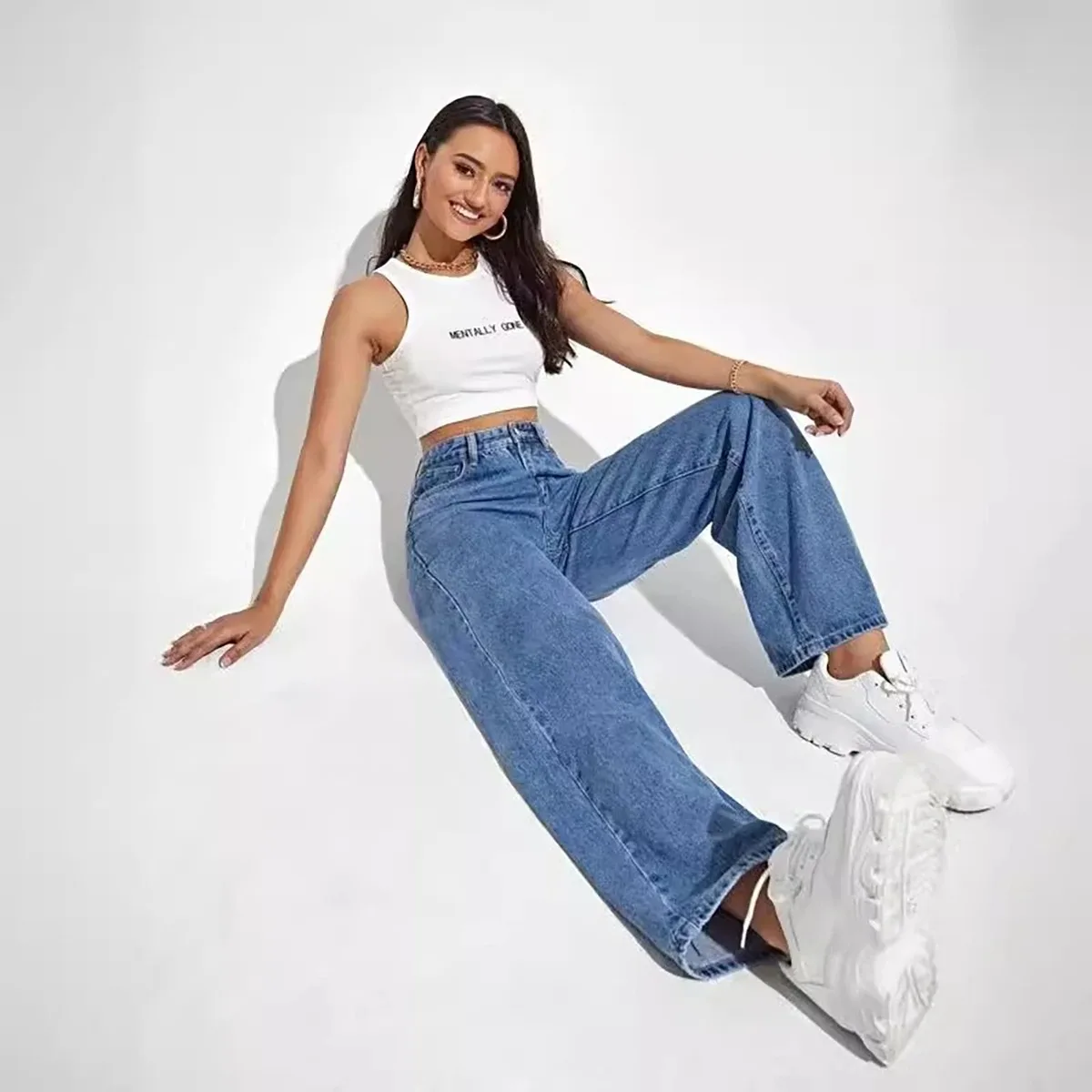 

Fashion retro blue jeans women y2k High street baggy straight pants High waisted all-in-one slim pants