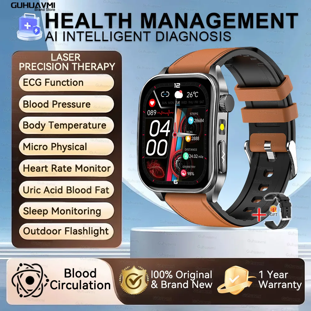 2026 Nieuwe Gezondheid Smart Horloge Laser Therapie Verminderen Drie Hoogtepunten Bloed Zuurstof Druk Urinezuur Bloed Lipide ECG Smartwatch Voor Man