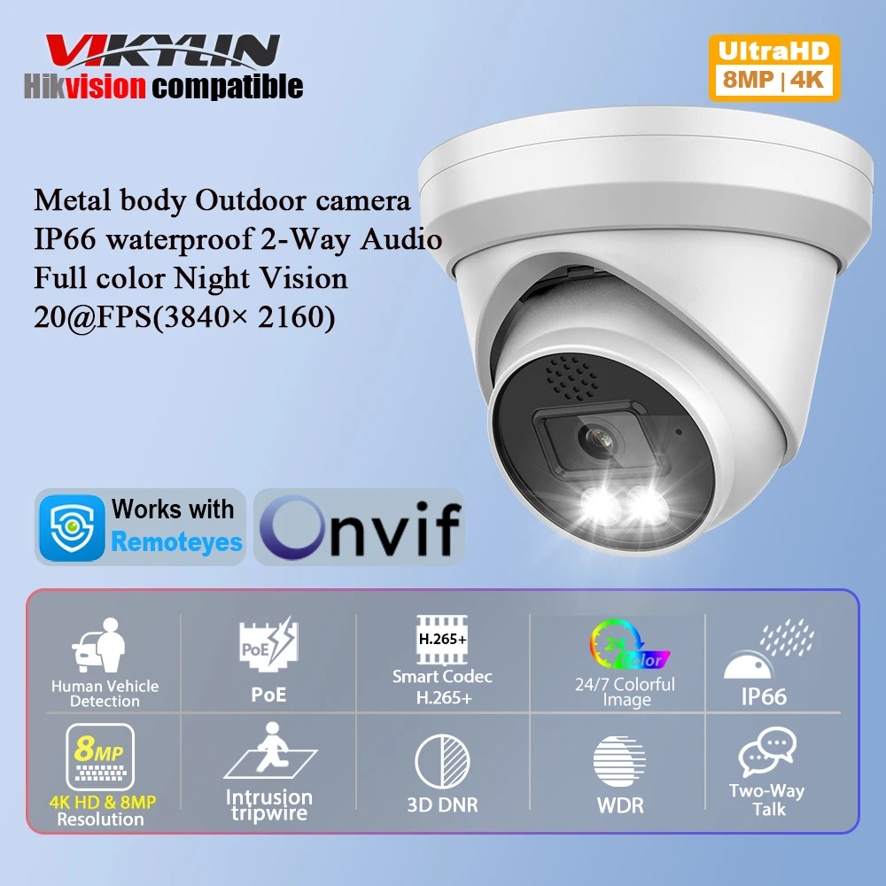 Vikylin Hikvision Compatible IP Camera 6/8MP Full Color Night Vision MD2.0 IVS 2-way Audio Home CCTV Outdoor POE Security Camera