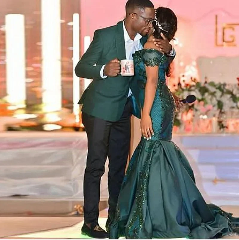 ชุดราตรีทรงเมอร์เมดแบบเปิดไหล่ประดับเลื่อมลูกไม้ปักลาย  ไซส์พลัส ชุดออกงานพรอมแบบดั้งเดิมสไตล์แอฟริกัน สีเขียวใหม่ ชุดทางการ