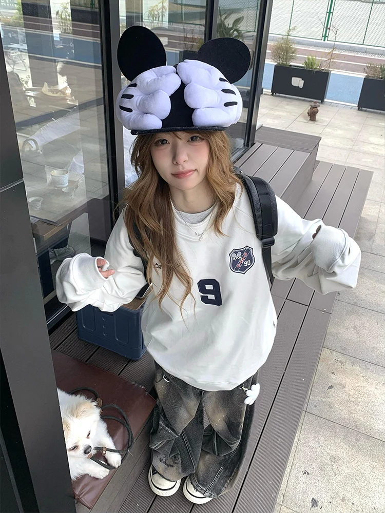 

American Retro round Neck 9 Digit Sweatshirt Women's Spring Autumn Loose Trendy Lazy Style Hatless Top Streetwear Long Sleeve