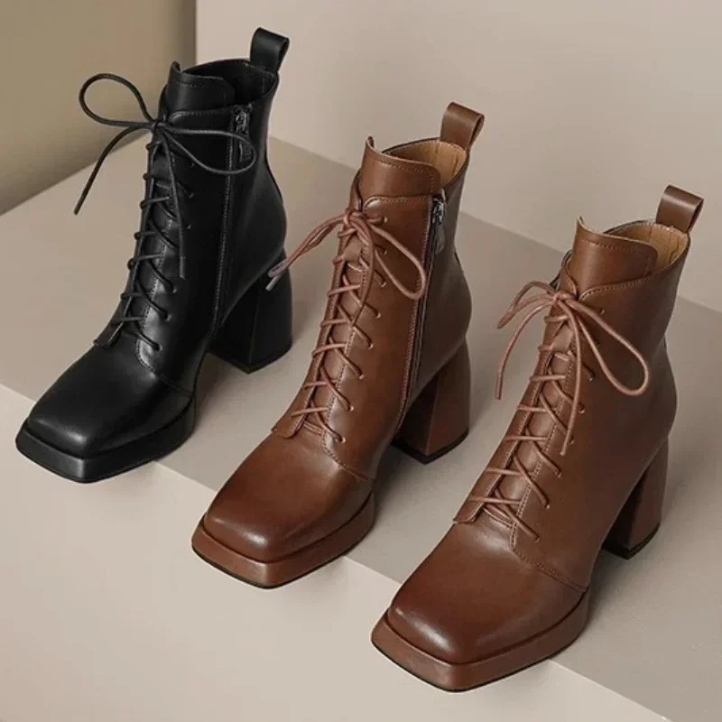 Women High Heels Ankle Shoes Chunky Platform Chelsea Boots Autumn 2024 Lace Up Square Toe Casual Brand Zapatos De Mujer Trafza