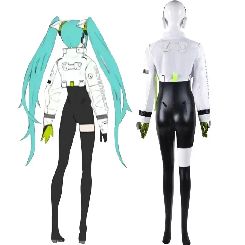 Corridas Anime Miku Cosplay Trajes para Mulheres, Bodysuit de Couro PU, Macacão Sexy, Traje de Carnaval Halloween, Peruca Role Play