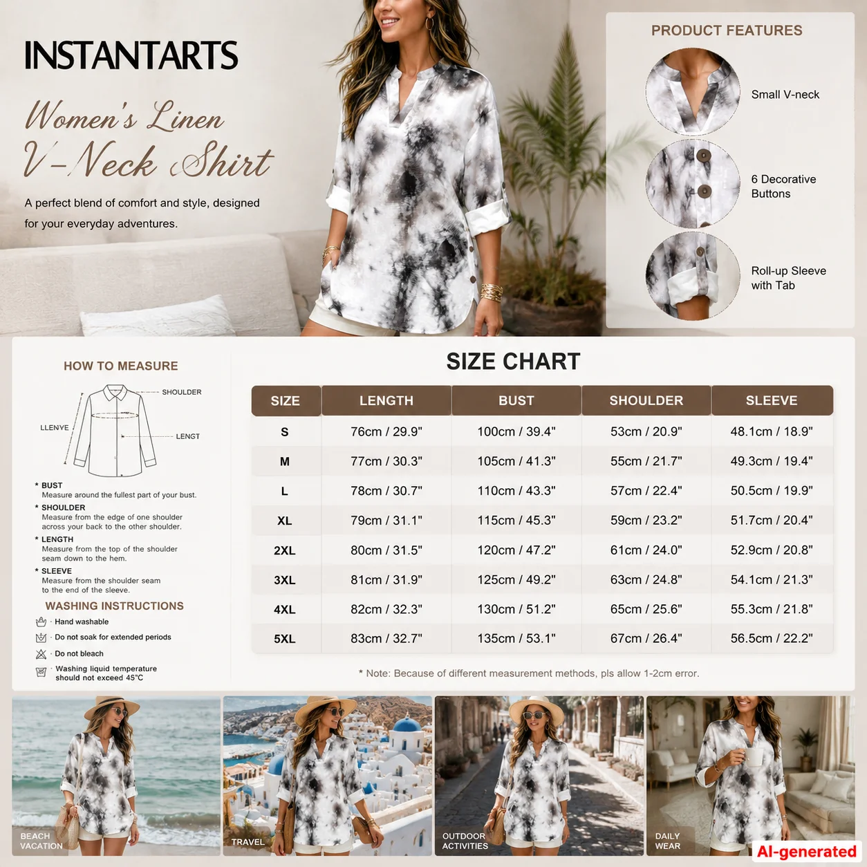 INSTANTARTS Women'S Linen V-Neck Shirt Breathable Long-Sleeved Top Blouse Roll-Up Cuff Lightweight Comfortable Soft Tribal Style view 4