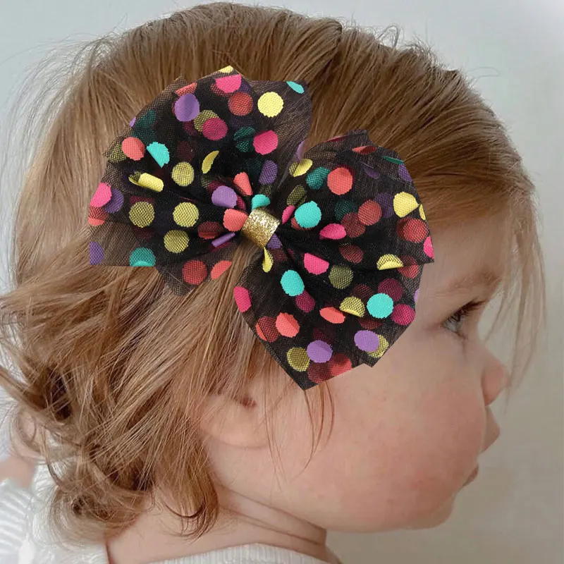 2PCS Colorful Spot Print Yarn Bowknot Hairpins Girl Elastic Band Ponytail Holder Hair Ropes Fashion Hair Clips For Kids Girls