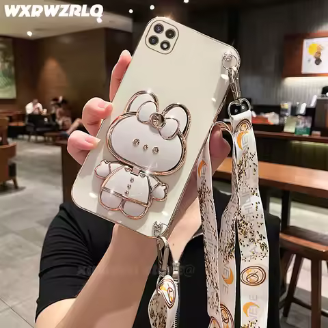 For Samsung Galaxy Wide 5 A22 F42 5G A22s Phone Case Soft Silicone Plating Cartoon Rabbit Fold Stand Makeup Mirror Bracket Cover