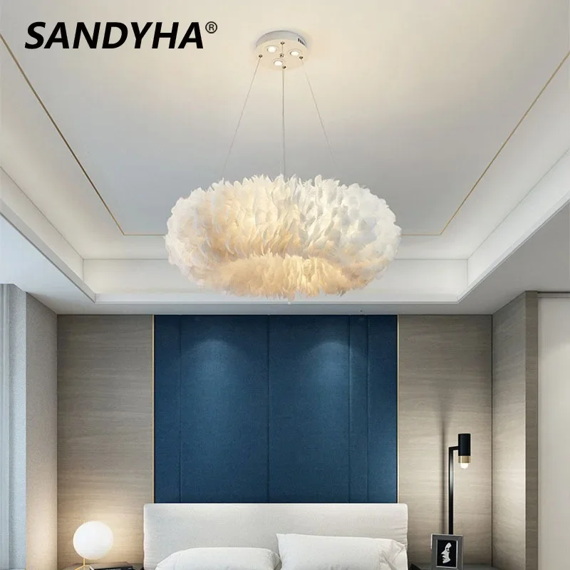 

SANDYHA Ring Feather Pendant Lamps Modern Luxury Led Chandeliers for Living Room Bedroom Decoration Home Dining Table Lightin