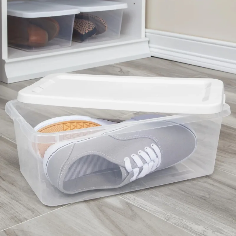 Set of (10) 6 Quart Storage Boxes, Clear Plastic Storage Bin with Snap-on Lid, White