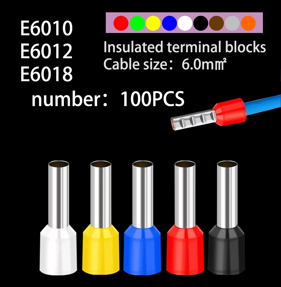 100pcs/Pack E6010 E6012 E6018 Insulated Ferrules Terminal 6.0mm² Block Cord End Wire Connector Electrical Crimp Terminator