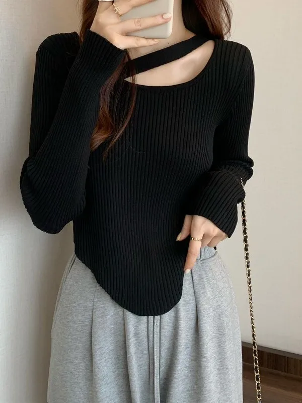 

Женский вязаный свитер Long Sve из ледяного шелка, облегающий зимний синий топ, повседневный топ обычной длины из мягкой ткани, круглый Ne