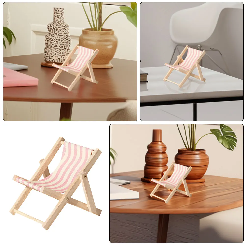 2 pçs cadeira de praia suporte do telefone decoração para casa miniaturas lona madeira ajustável titular móveis mini dobrável inteligente portátil tablet