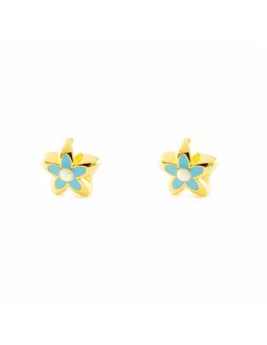 Earrings girl gold 18k flower blue enamel