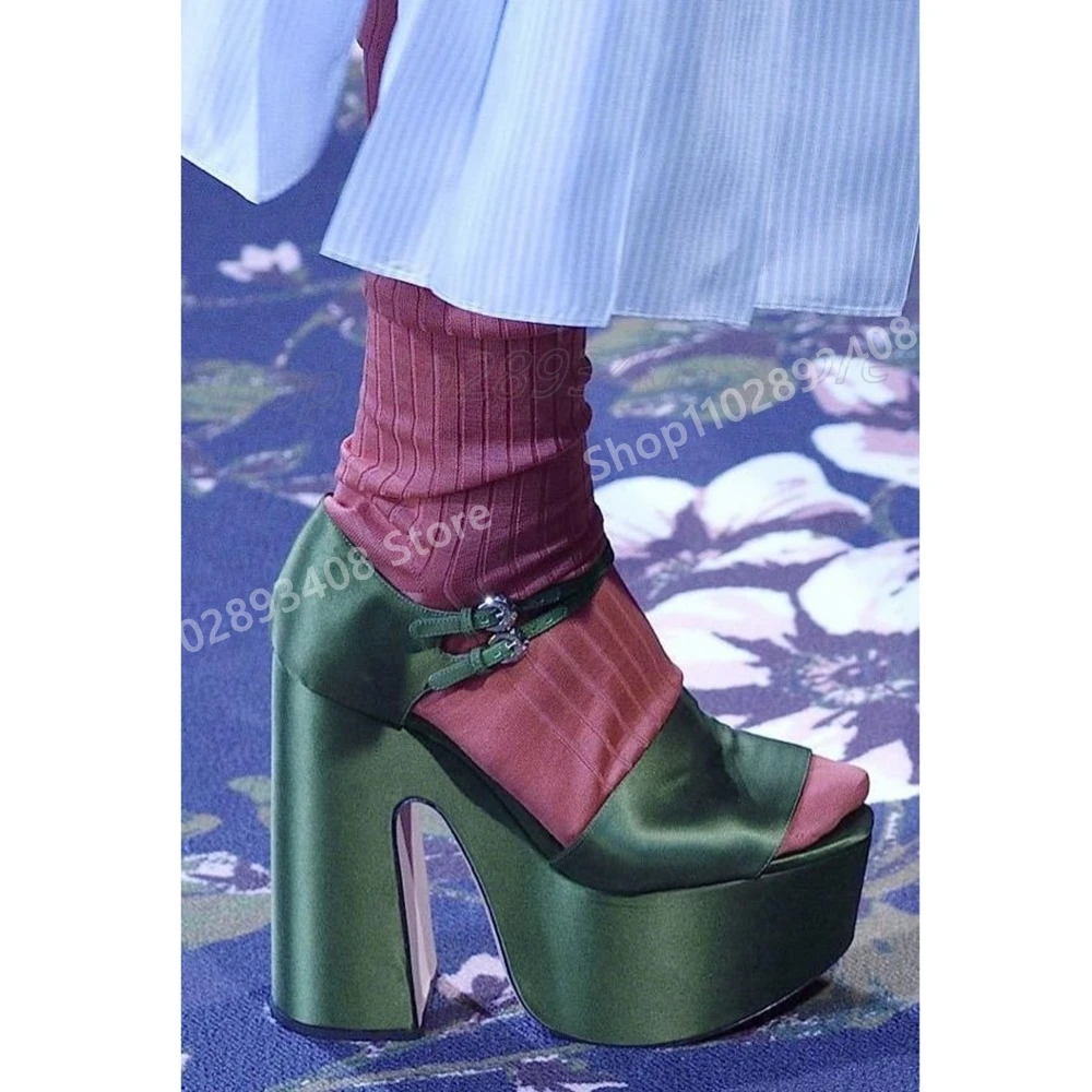 

Deep Green Silk Platform Sandals Peep Toe Buckle Belts Runway Style Elegant Sexy Women Shoes 2025 Summer Zapatos Para Mujere