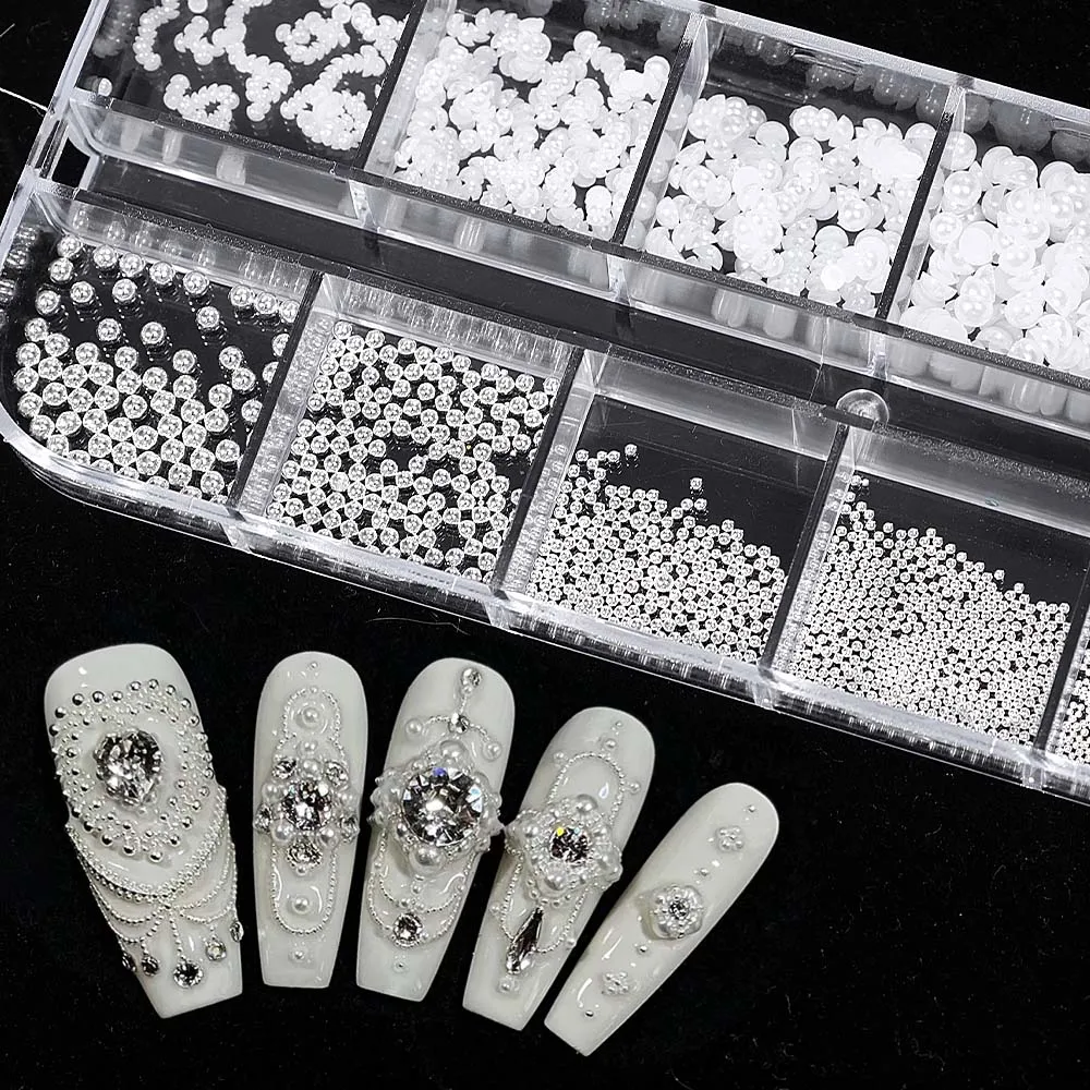 Mini Perles Blanches Mixtes pour Nail Art, Strass Demi-Rond, Clip, Charme, Métal, Charmes, Bijoux, Décoration de Manucure