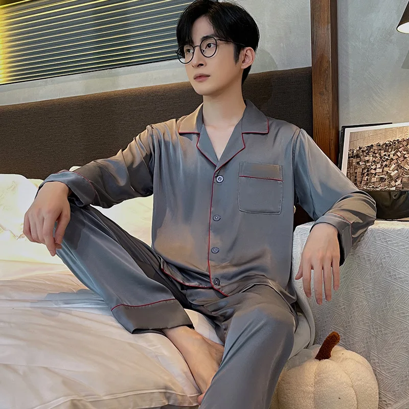 Men Pajamas Autumn and Winter Long-Sleeved Long Trousers Silk Sleepwear Loungewear Youth Cardigan Solid Nightwear Homewear