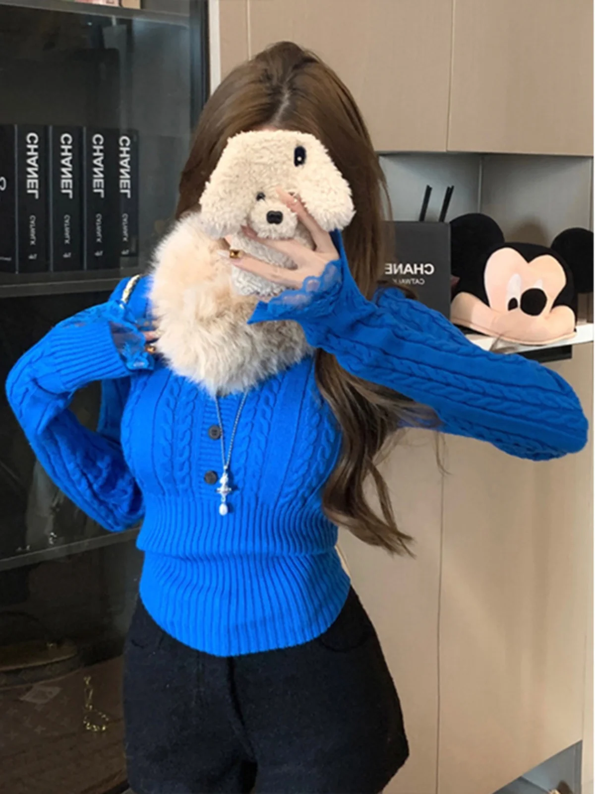 

Spicy Girl Sle Knitted ort round Ne Twist Flower Base irt Women's Autumn Winter Inner Wear Sweater Loose Fit Polyeste...