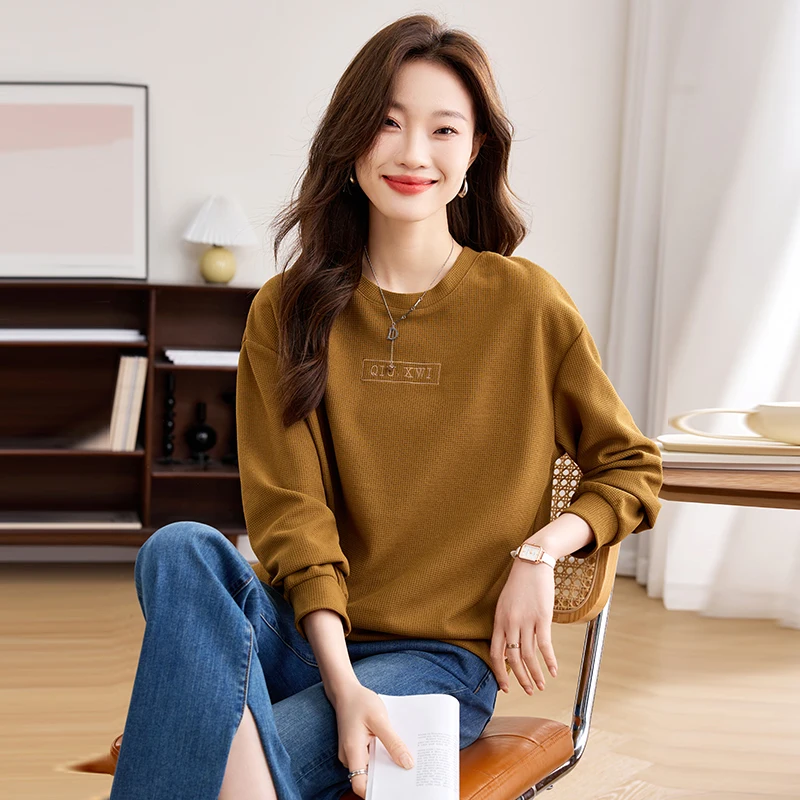 Women's Casual Round Collar Long Sleeve Sweatshirt Female Tee Shirt Loose Pullovers Monochromatic Vintage Clothing Autumn 2023