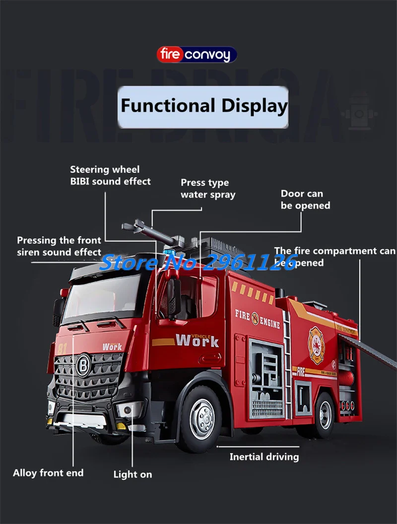 

1:50 Alloy Simulated Fire Sprinkler Large Truck Toy Sound Open Door Fire Sprinkler Truck Electric Inertia Fire Truck Kid Toys