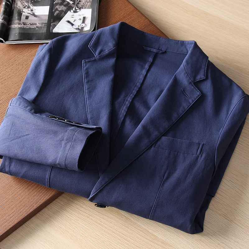 

Мужской приталенный повседневный пиджак из эластичной ткани для города, из чистого хлопка, с длинным рукавом, на двух пуговицах, однобортный, модный, городской стиль