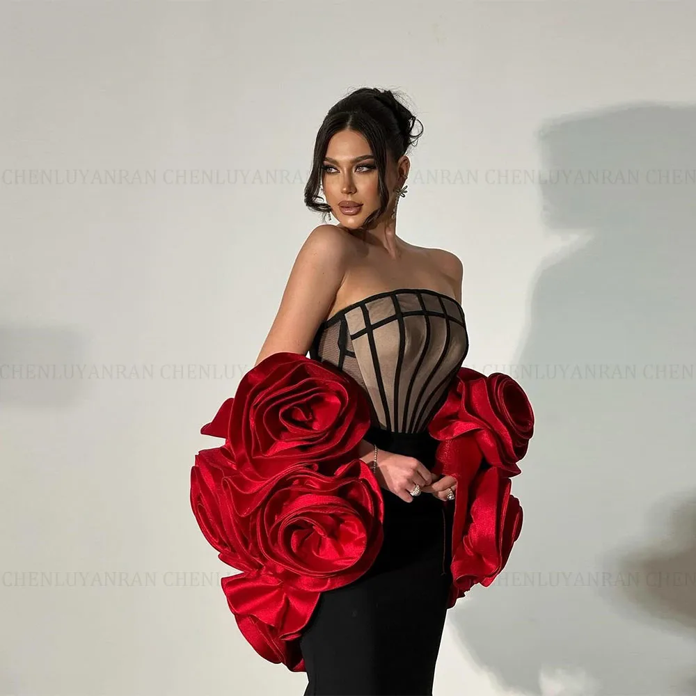 MOLRaw-Robes de soirée sirène sans bretelles personnalisées, robes d'occasion formelles, fleurs 3D rouges de luxe, fête sexy, quoi que ce soit, 2024