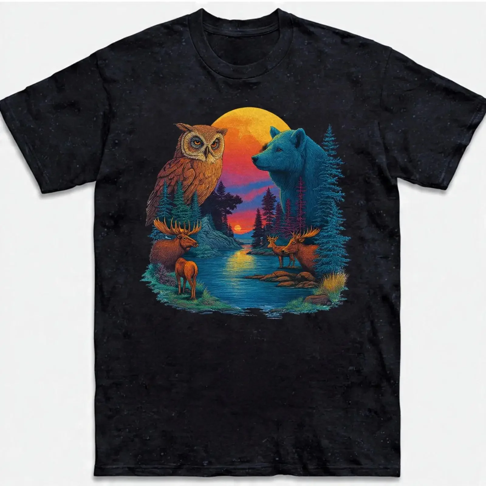 Psychedelic Nature T Shirt Trippy Owl Bear Moose Forest Wildlife Art  vintage Washed fashion Stylish Comfortable