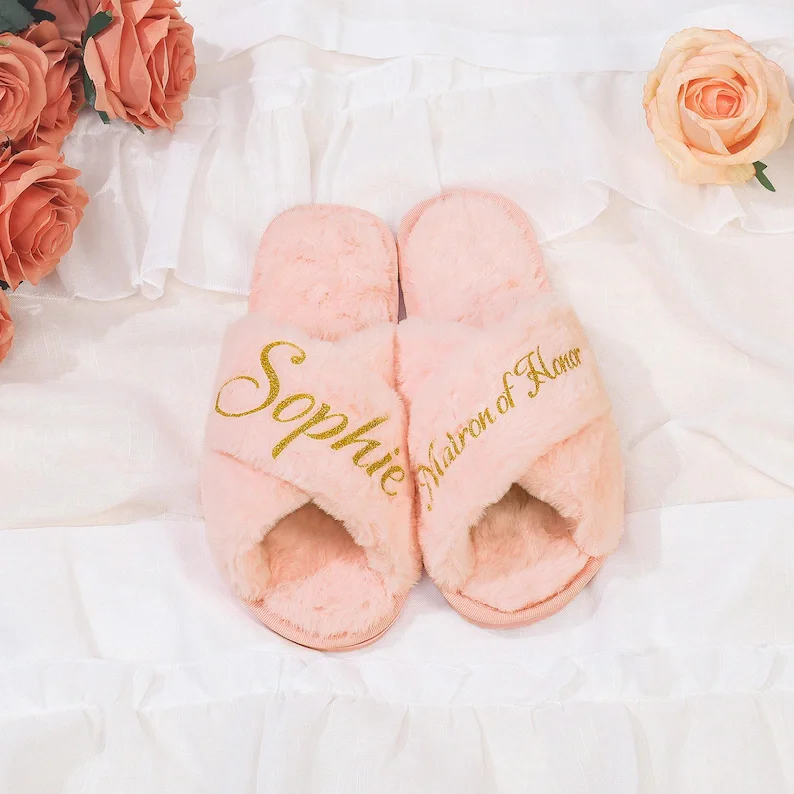 Personalized Bridesmaid Fluffy Slippers, Custom Bride Slippers, Bridal Slippers, Bridal Party Gifts Wedding Gift for Her view 3
