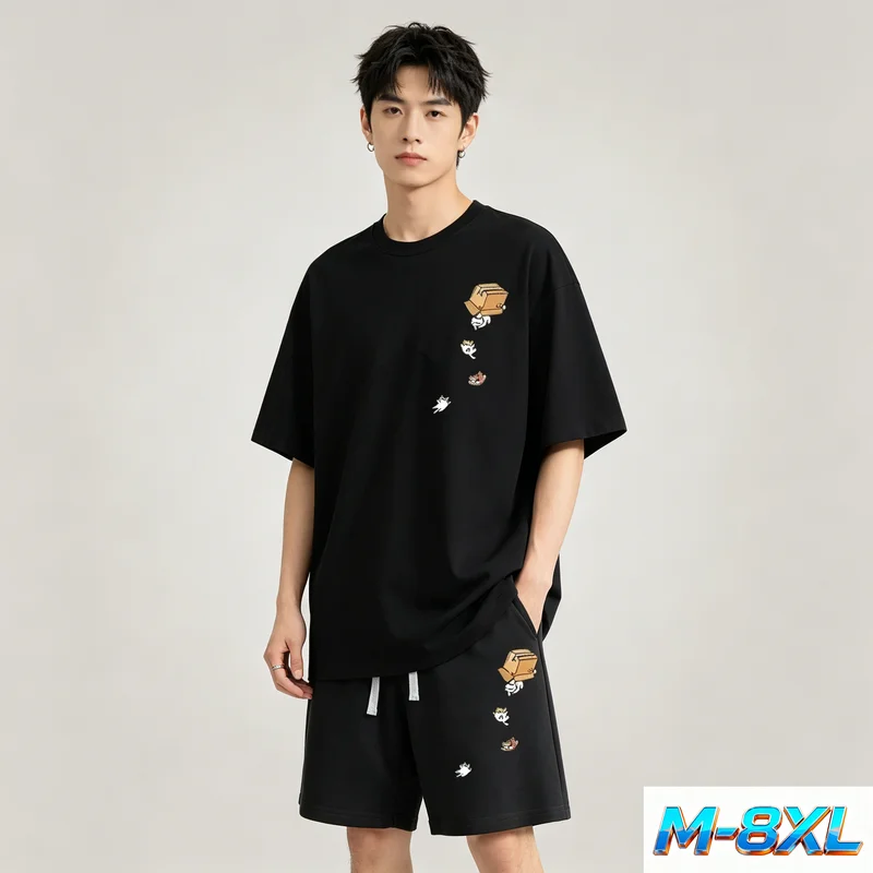 Daily Casual Loose Large Size M-8XL Set Cat Print T Shirt Drawstring Shorts Unisex Couple Style - Image 4