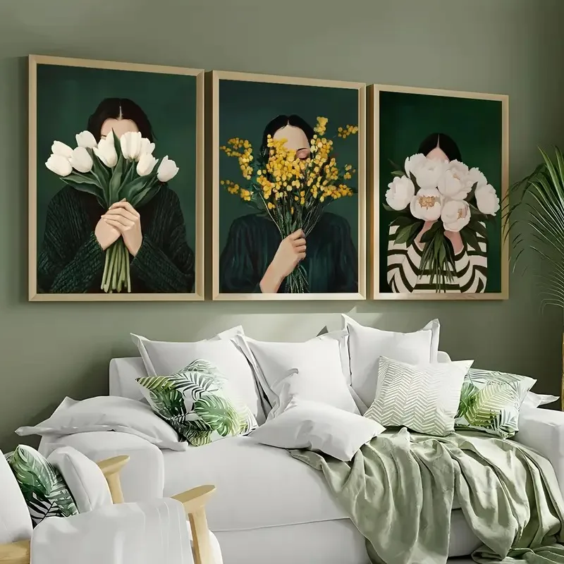 1pc (No frame),Green Abstract Figures Canvas Print with Flower Woman Minimalist Japandi Female Portrait Art Poster for Modern Li