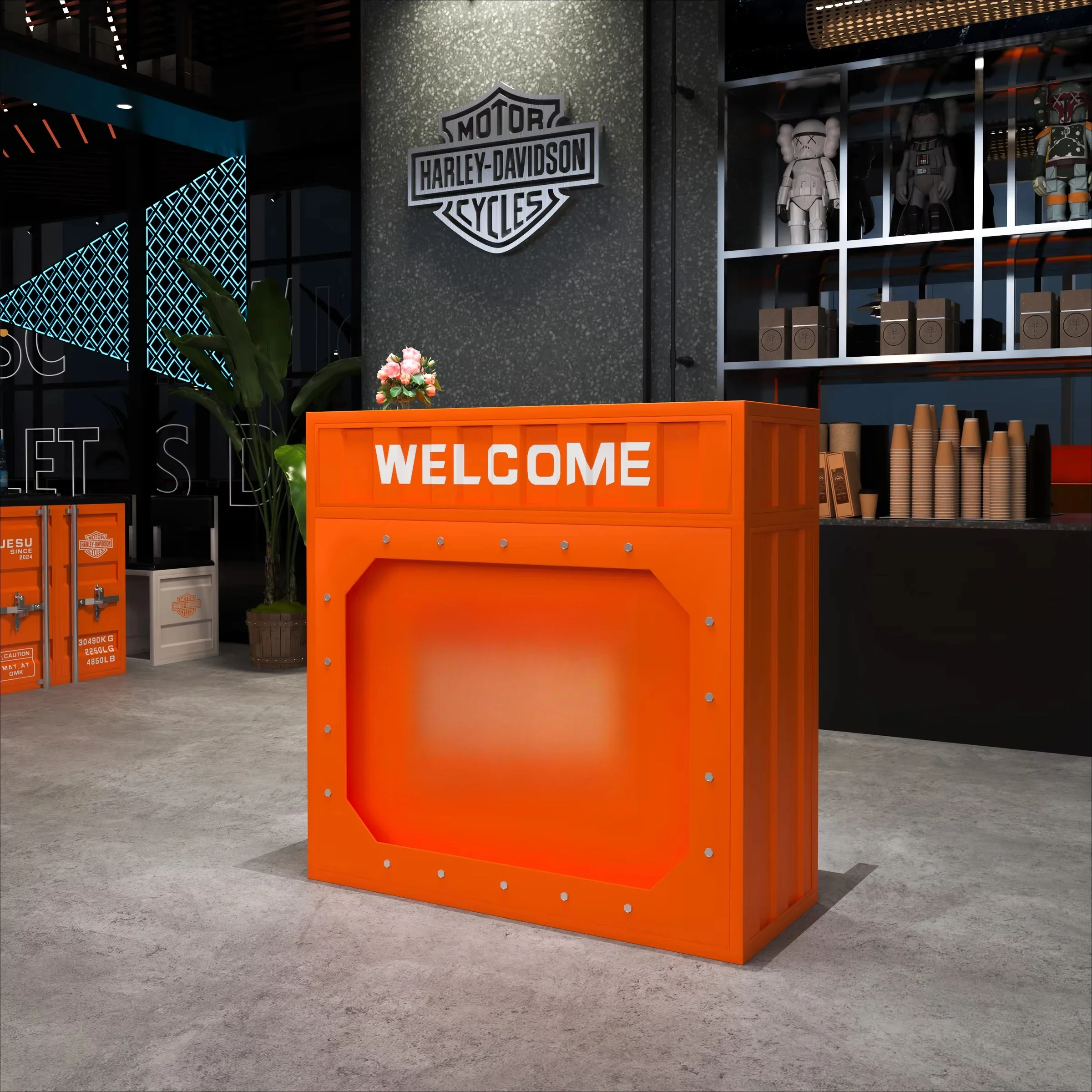 Restauracja komercyjna Mała recepcja styl industrialny metal catering strona kasy Wejście bar sklep