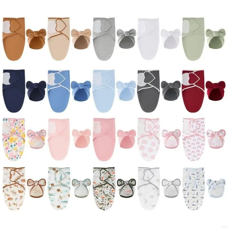 

J2HF 2Pcs Baby Wrap Towel Swaddles Blanket with Bowknot Hat Soft and Comfortable Infants Wrap Quilt Fetal Caps Shower Gift