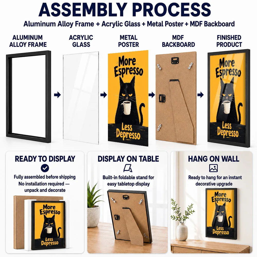 More Espresso Less Depresso Cat Framed Metal Print Customized Whimsical Pet Tribute Wall Art For Nature Lovers Decorating Cabin