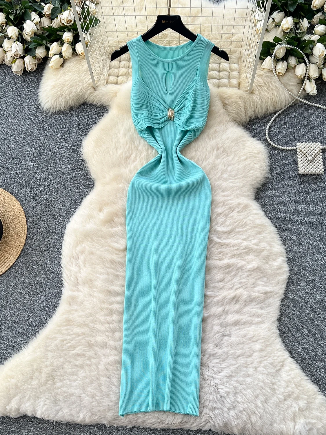 Slimming Fit Hollow out Metal Bule round Ne Svel Women's Dr High Waist Bodycon Skirt Korean Sle Commute Dr