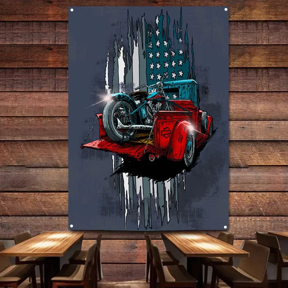 

Motorcycle on Car Art Poster Wall Hanging Painting Garage Flag Auto Repair Shop Gas Station Wall Decor Banners Home Tapestry