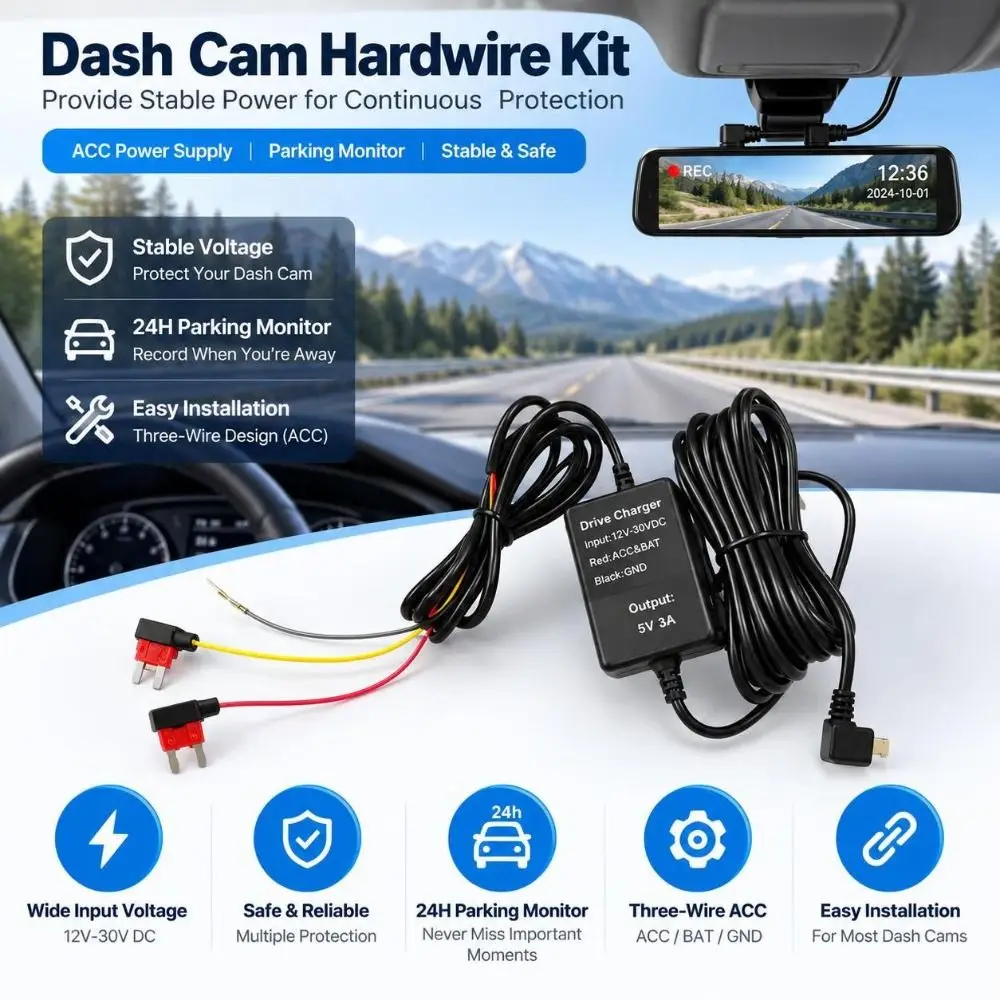 12-30V Input Dash Cam Hardwire Kit 5V/3A Output Parking Monitoring Camera Hardwire Adapter Type-C USB Port
