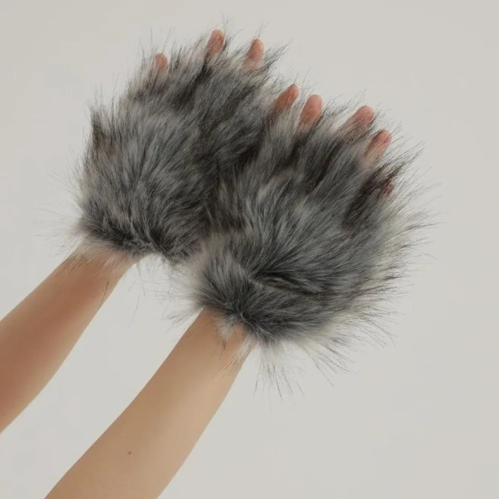 Material Werewolf Paw Mitten Fluffy Texture Gray Color Halloween Costume Gloves Hairy Lolita Cosplay Wolf Claws Halloween Party