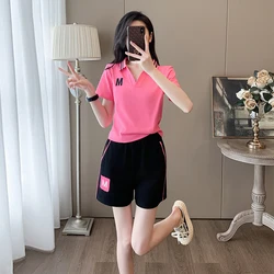 High Quality 2024 Summer New Loose red Short Sleeved top Sports set Women's Fashion age Reducing Shorts two-Piece set S-2XL