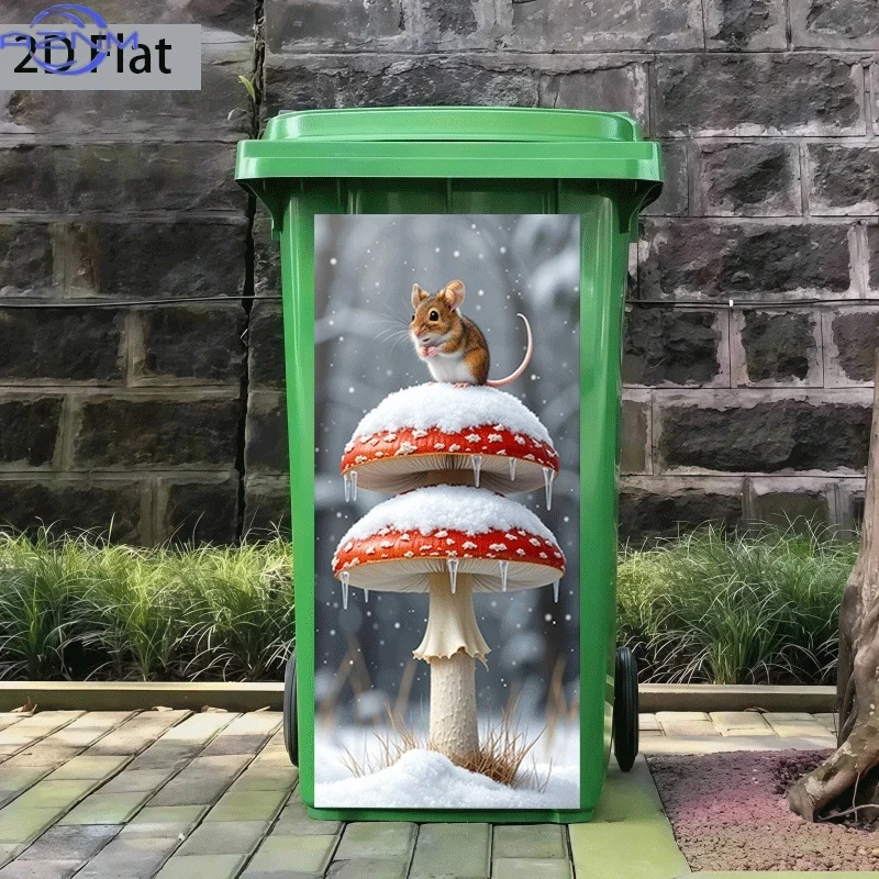2D Flat Printing 1pc Trash Can Sticker ×cm, Snow Mushroom Perching Mouse Themed Design, Self-Adhesive Wall Decal Wallpaper, Ki