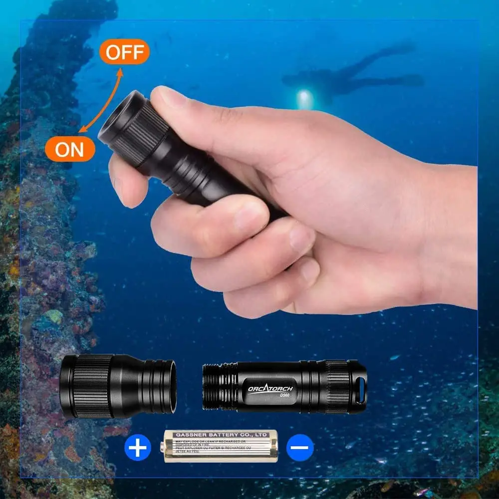 ORCATORCH D560 Scuba Diving Submersible Flashlight Mini Torch Underwater Lantern Professional LED Dive Flashlight without Mask