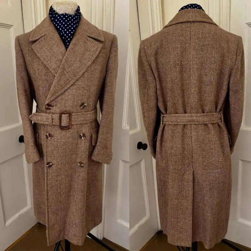 

Customized Wool Blend Men Overcoat One Piece Double Breasted With Belt Blazer Plus Size Autumn Winter Thick Long Coat