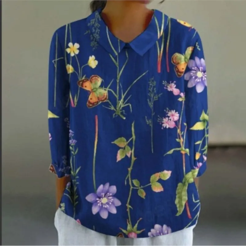 Blusas Vintage para mujer, camisa holgada informal de manga larga con estampado de solapa de lino y bambú para otoño, ropa superior elegante para mujer